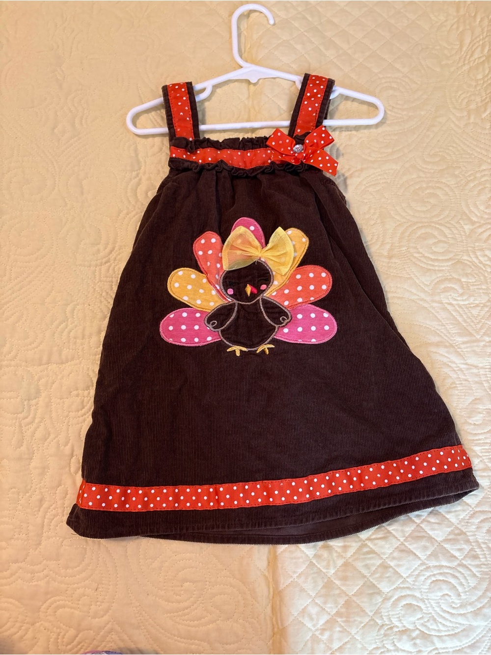 Girls Brown Turkey Appliqué Dress with Pink & Orange Accents